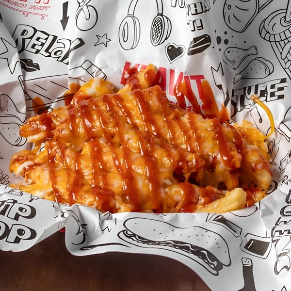 Krave It's cheesy fries with sauce in a branded paper container.