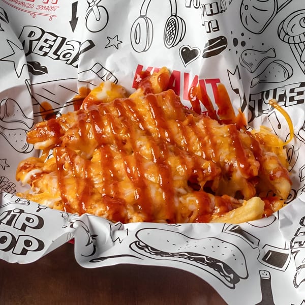 Krave It's cheesy fries with melted cheese and a drizzle of red sauce in a branded paper container.