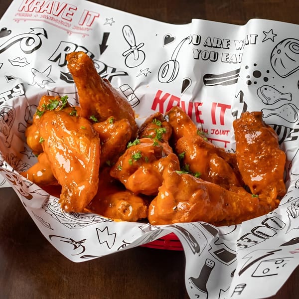 Krave It's buffalo wings, coated in orange sauce and garnished with parsley, in a branded basket.