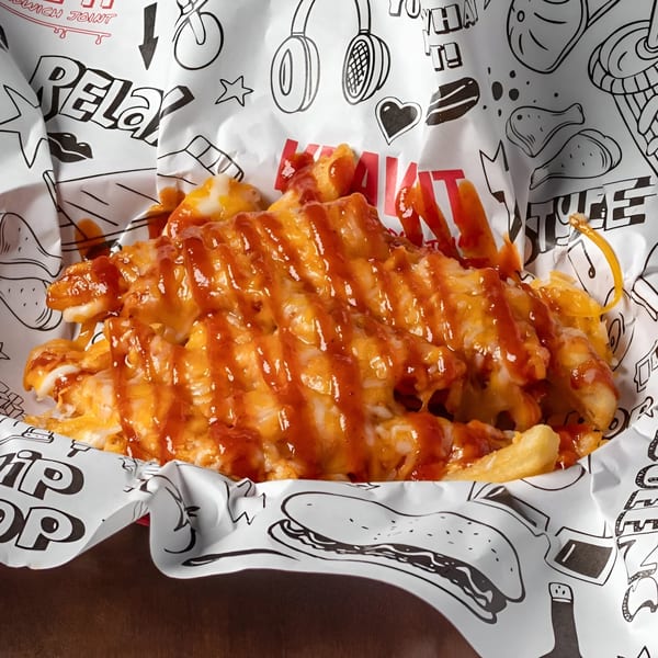 Krave It's cheesy fries with ketchup and melted cheese in a branded paper container.