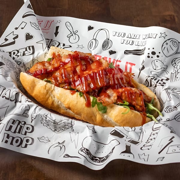 A Krave It sandwich, topped with bacon and red sauce, served in branded paper.