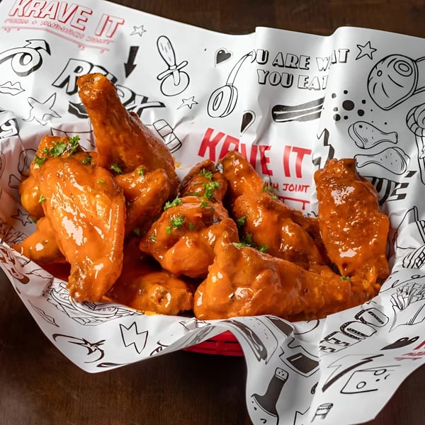 A basket of Krave It's buffalo chicken wings, glistening with sauce and garnished with parsley.