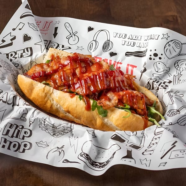 Krave It's BBQ chicken sandwich, drizzled with sauce, served in a branded paper-lined basket.