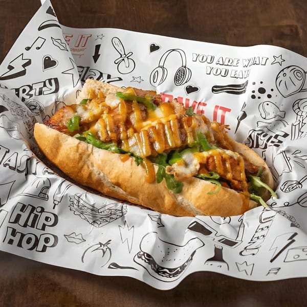 A Krave It sandwich with melted cheese, sauce, and greens on a baguette, wrapped in branded paper.