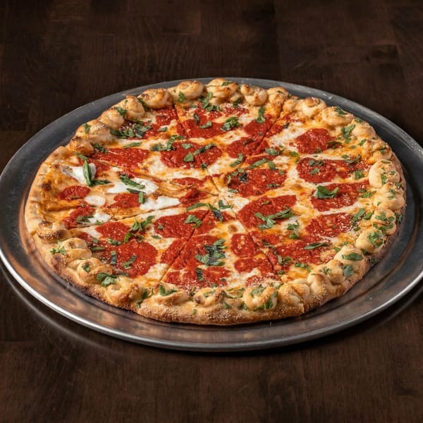 Krave It Pizza with red sauce, mozzarella, fresh basil, and a garlic knot crust on a metal tray.
