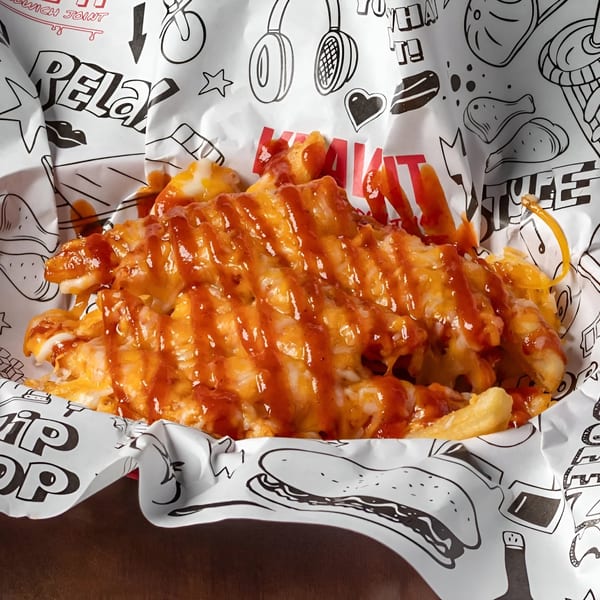 Krave It's cheesy fries with melted cheese and a drizzle of red sauce in a branded paper container.